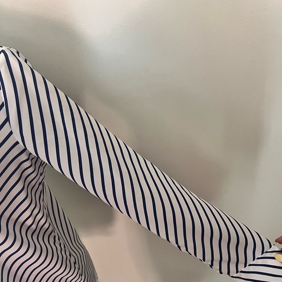 Long -sleeved navy blue striped formal blouse - Picture 5 of 8